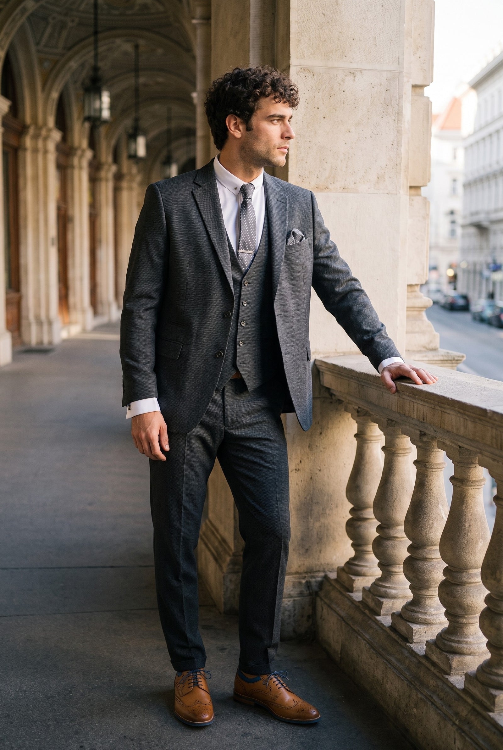 Look #272 styled with IM1 vīriešu klasisks, ogļu krāsas, vienkāršs, trīsdaļīgs, pieguļošs uzvalks