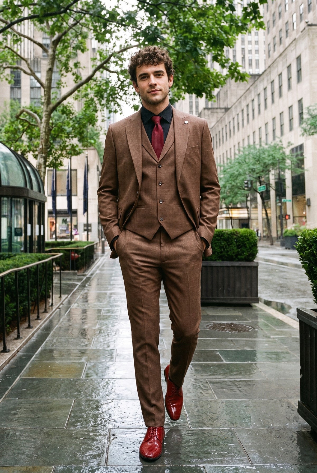 Look #284 styled with Džeimsa vīriešu trīsdaļīgs vienkāršs brūns uzvalks ar klasisku piegriezumu