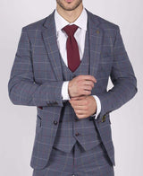 Vīriešu Marc Darcy zili pelēki sarkani rūtaini žakete ar elegantu, ikdienas tvīda piegriezumu, Drake stila žakete