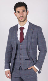Vīriešu Marc Darcy zili pelēki sarkani rūtaini žakete ar elegantu, ikdienas tvīda piegriezumu, Drake stila žakete