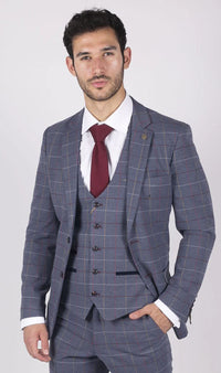 Vīriešu Marc Darcy zili pelēki sarkani rūtaini žakete ar elegantu, ikdienas tvīda piegriezumu, Drake stila žakete