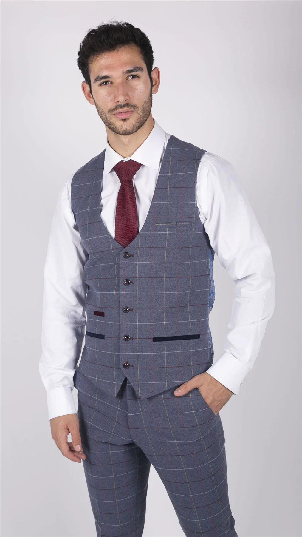Vīriešu Marc Darcy zili pelēki sarkani rūtaini trīsdaļīgi uzvalki, eleganti, ikdienas, tvīda, pieguļoša piegriezuma, Drake stila
