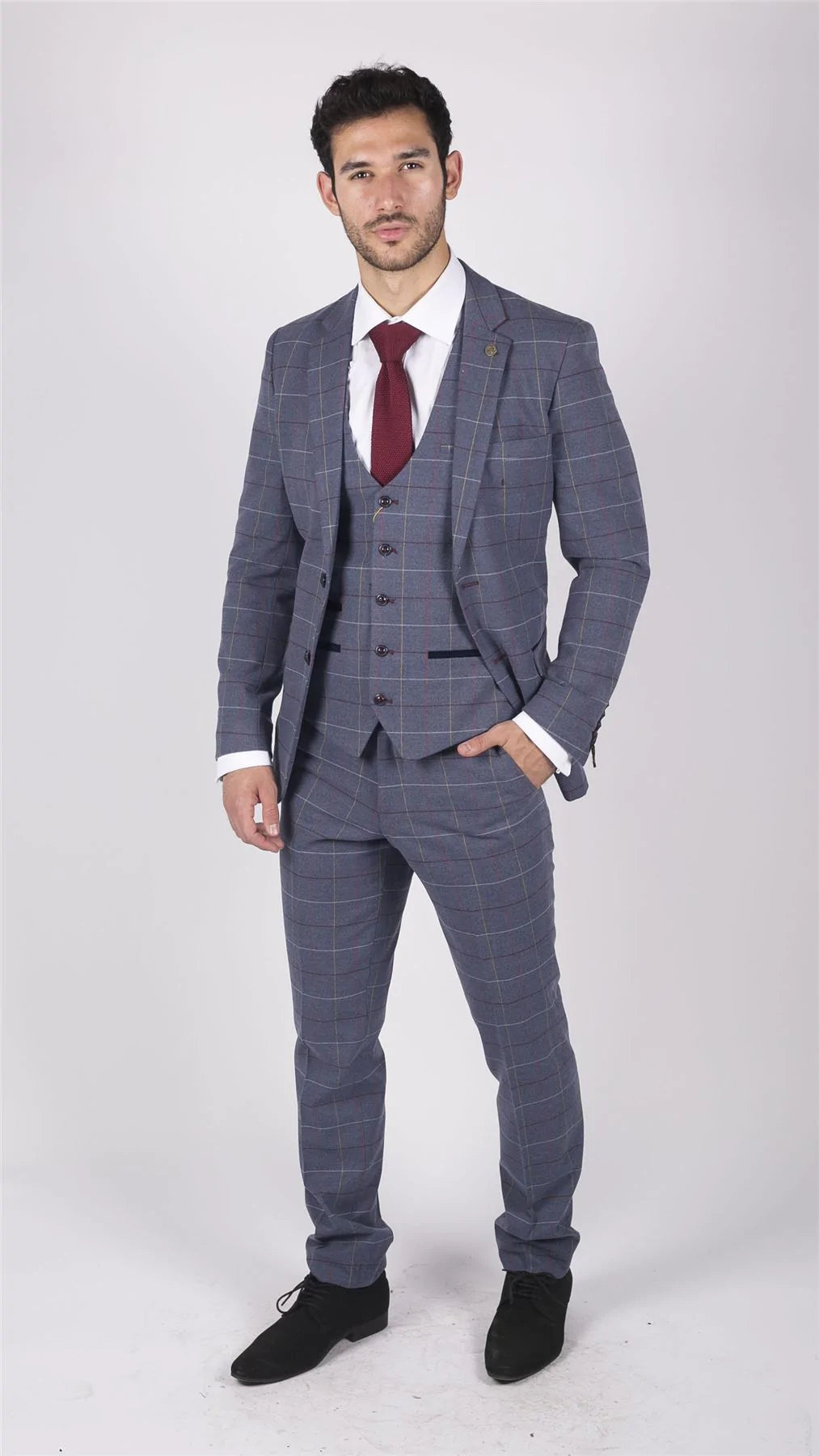 Vīriešu Marc Darcy zili pelēki sarkani rūtaini trīsdaļīgi uzvalki, eleganti, ikdienas, tvīda, pieguļoša piegriezuma, Drake stila