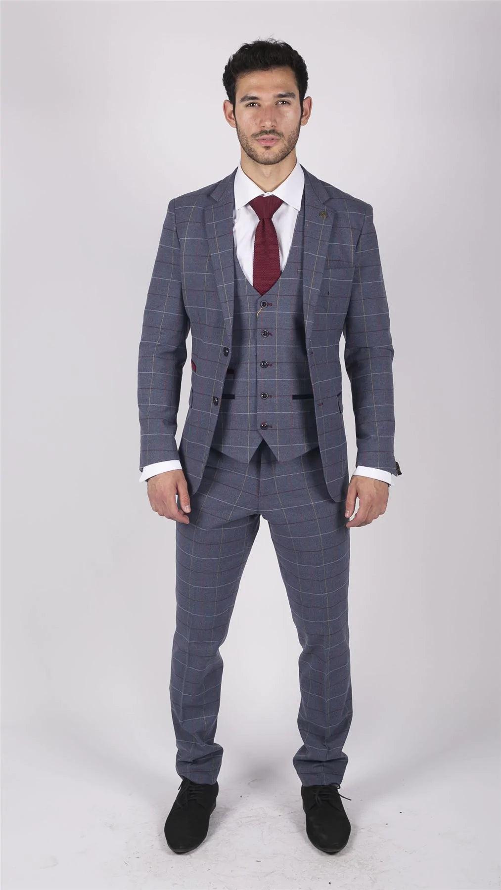 Vīriešu Marc Darcy zili pelēki sarkani rūtaini trīsdaļīgi uzvalki, eleganti, ikdienas, tvīda, pieguļoša piegriezuma, Drake stila
