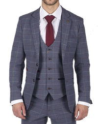 Vīriešu Marc Darcy zili pelēki sarkani rūtaini trīsdaļīgi uzvalki, eleganti, ikdienas, tvīda, pieguļoša piegriezuma, Drake stila