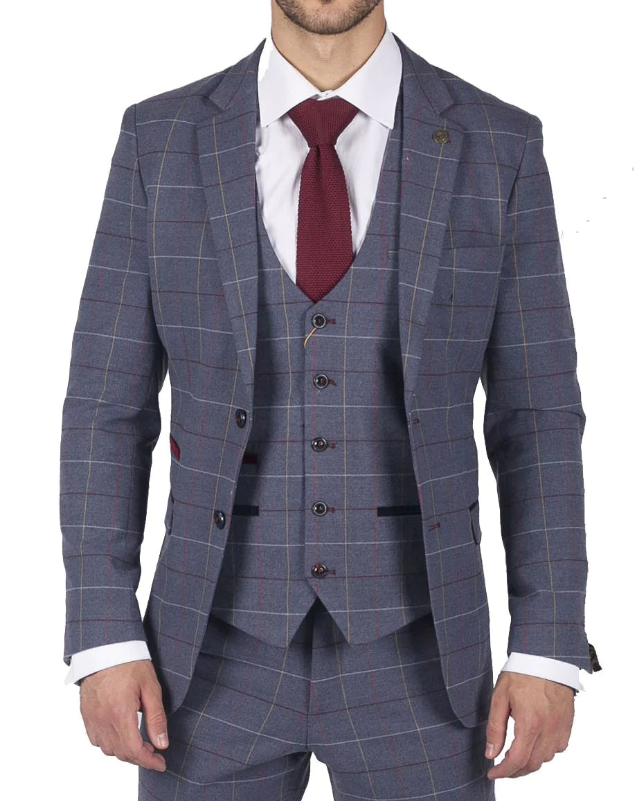 Vīriešu Marc Darcy zili pelēki sarkani rūtaini trīsdaļīgi uzvalki, eleganti, ikdienas, tvīda, pieguļoša piegriezuma, Drake stila