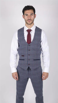 Vīriešu Marc Darcy zili pelēki sarkani rūtaini vesti, eleganti, ikdienišķi tvīda, pieguļoša, Drake stila veste