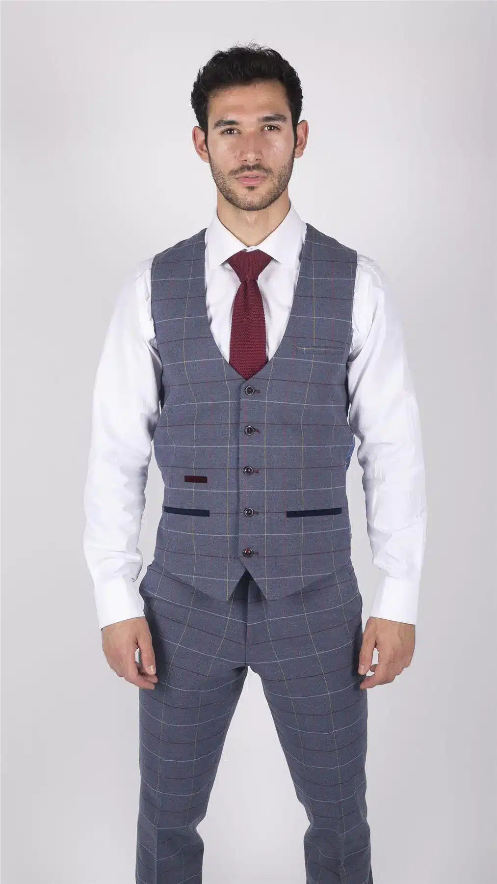Vīriešu Marc Darcy zili pelēki sarkani rūtaini vesti, eleganti, ikdienišķi tvīda, pieguļoša, Drake stila veste