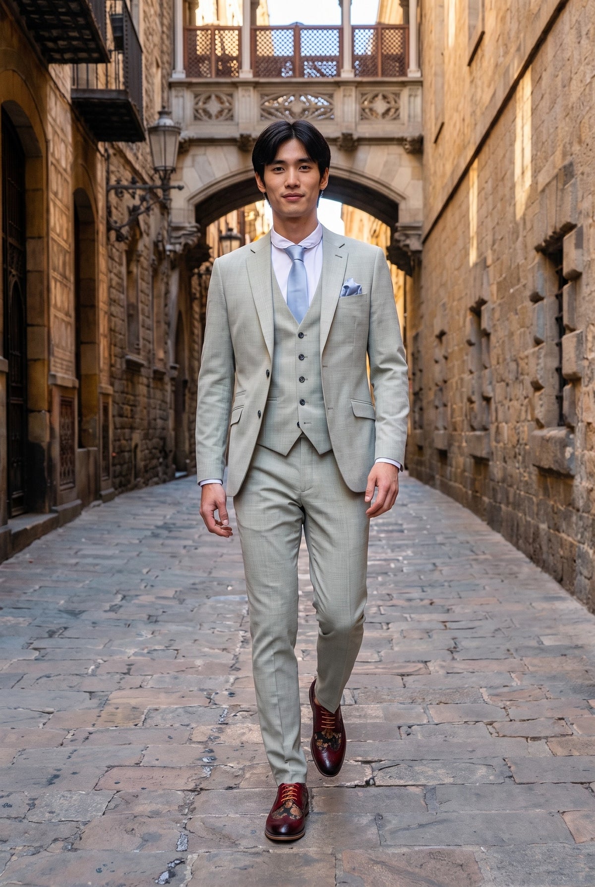Look #238 styled with Camden - vīriešu salvijas zaļš trīsdaļīgs, pieguļošs uzvalks