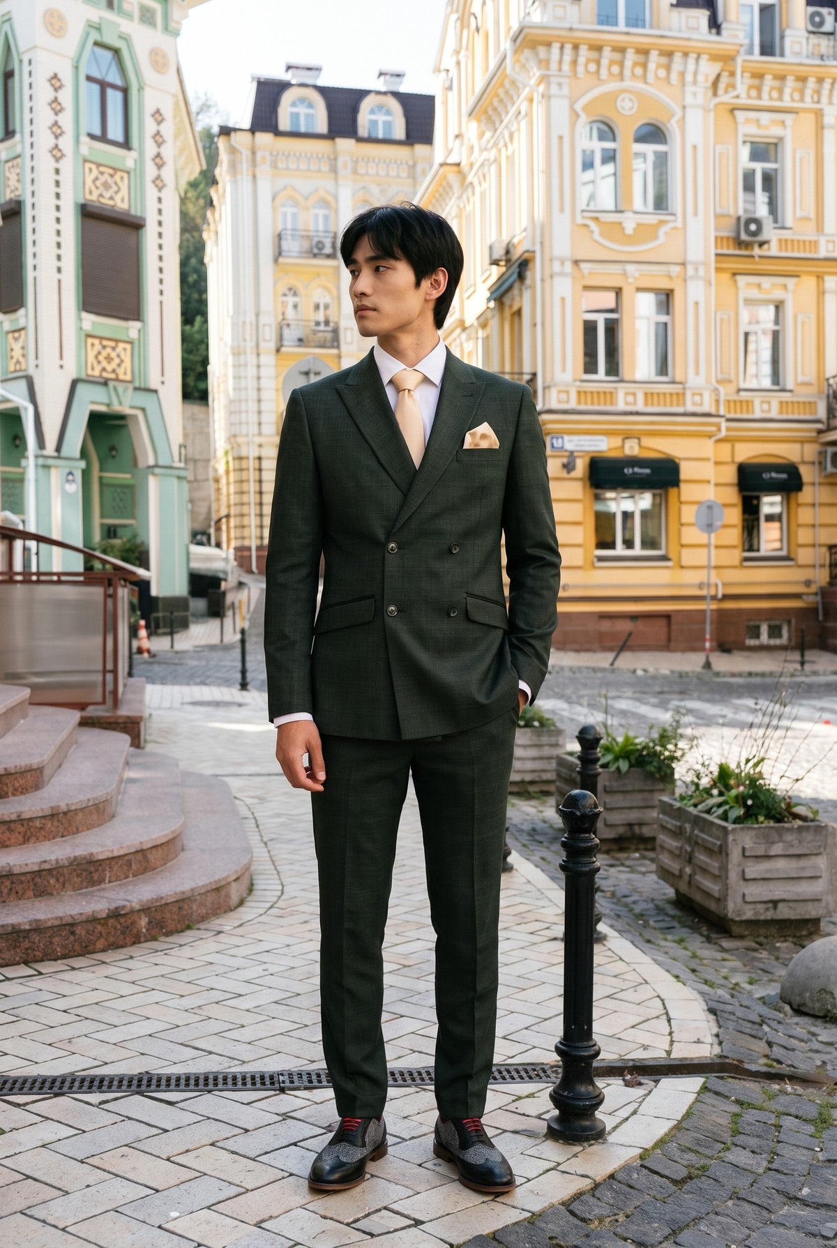 Look #780 styled with Caridi - vīriešu divdaļīgs olīvzaļš uzvalks ar divām rindām