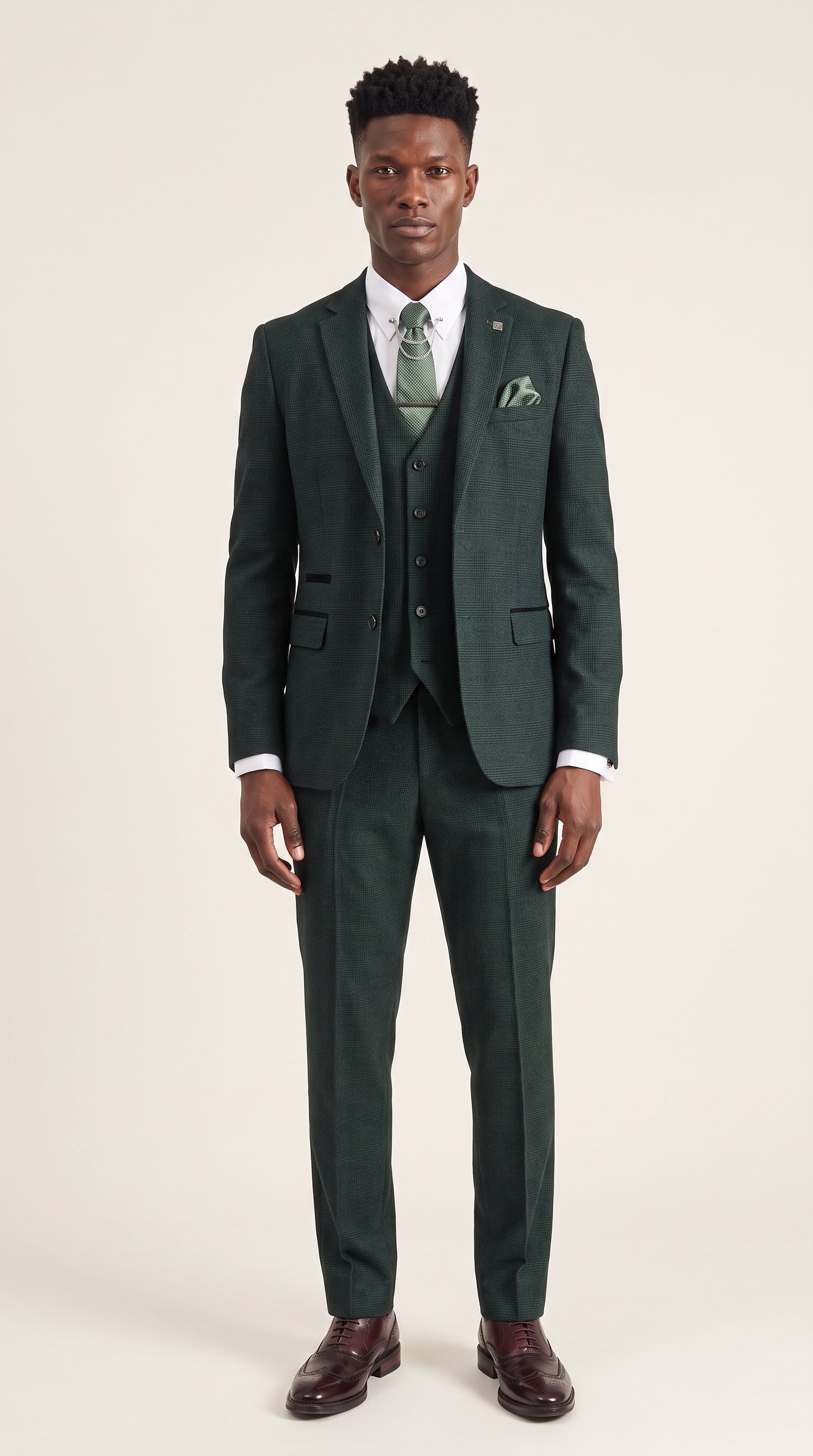 Look #204 styled with Regent - vīriešu zaļš trīsdaļīgs Velsas prinča rūtainais uzvalks