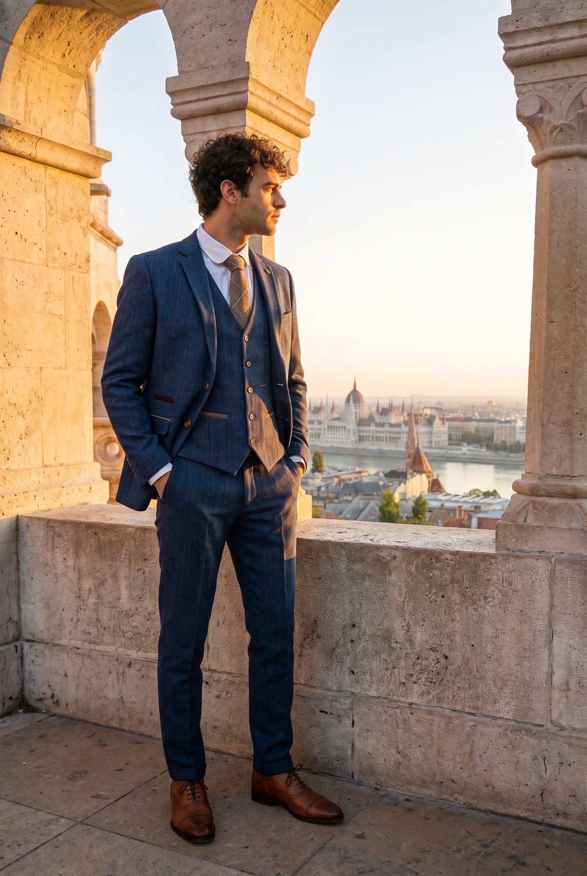 Look #365 styled with Scott vīriešu zils trīsdaļīgs tvīda uzvalks ar rūtainu rakstu