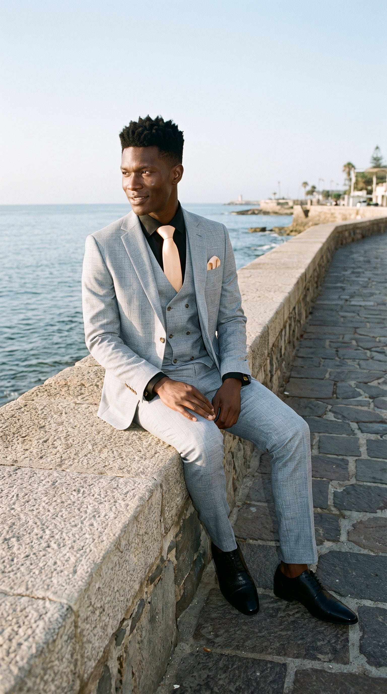 Look #493 styled with Luis - vīriešu gaiši zils rūtains, pieguļošs trīsdaļīgs uzvalks