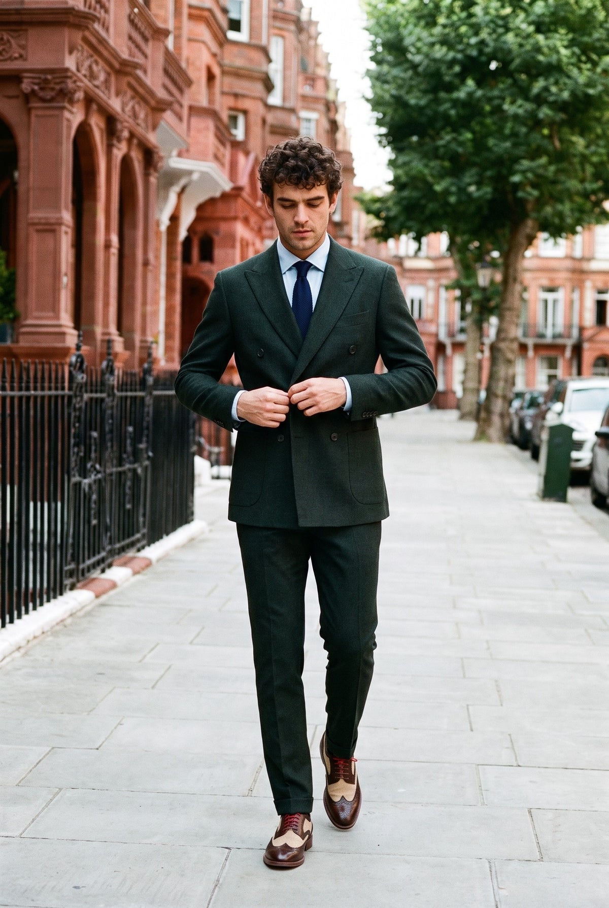 Look #591 styled with Regent - vīriešu zaļš divdaļīgs uzvalks ar abpusējām rindām