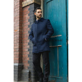 Vīriešu klasiska apkakle ar vilnas maisījumu, tumši zils mētelis