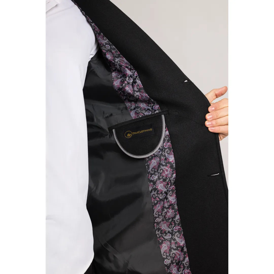 Vīriešu vilnas maisījuma mētelis ar robainu atloku apkakli, melns