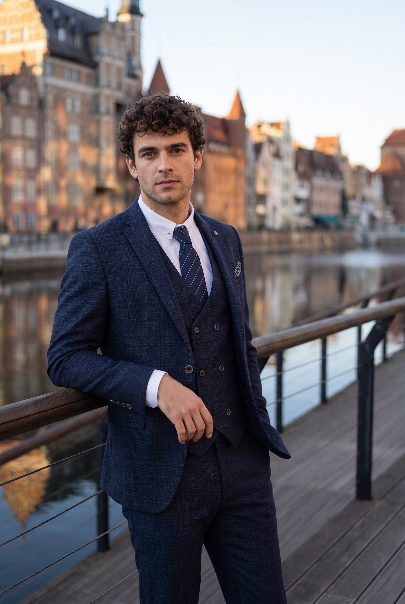 Look #344 styled with Luis - vīriešu zils rūtains, pieguļošs trīsdaļīgs uzvalks