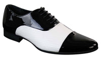 Vīriešu šņorētas, elegantas, spīdīgas, lakotas, itāļu dizaina ādas kurpes, melnas un baltas