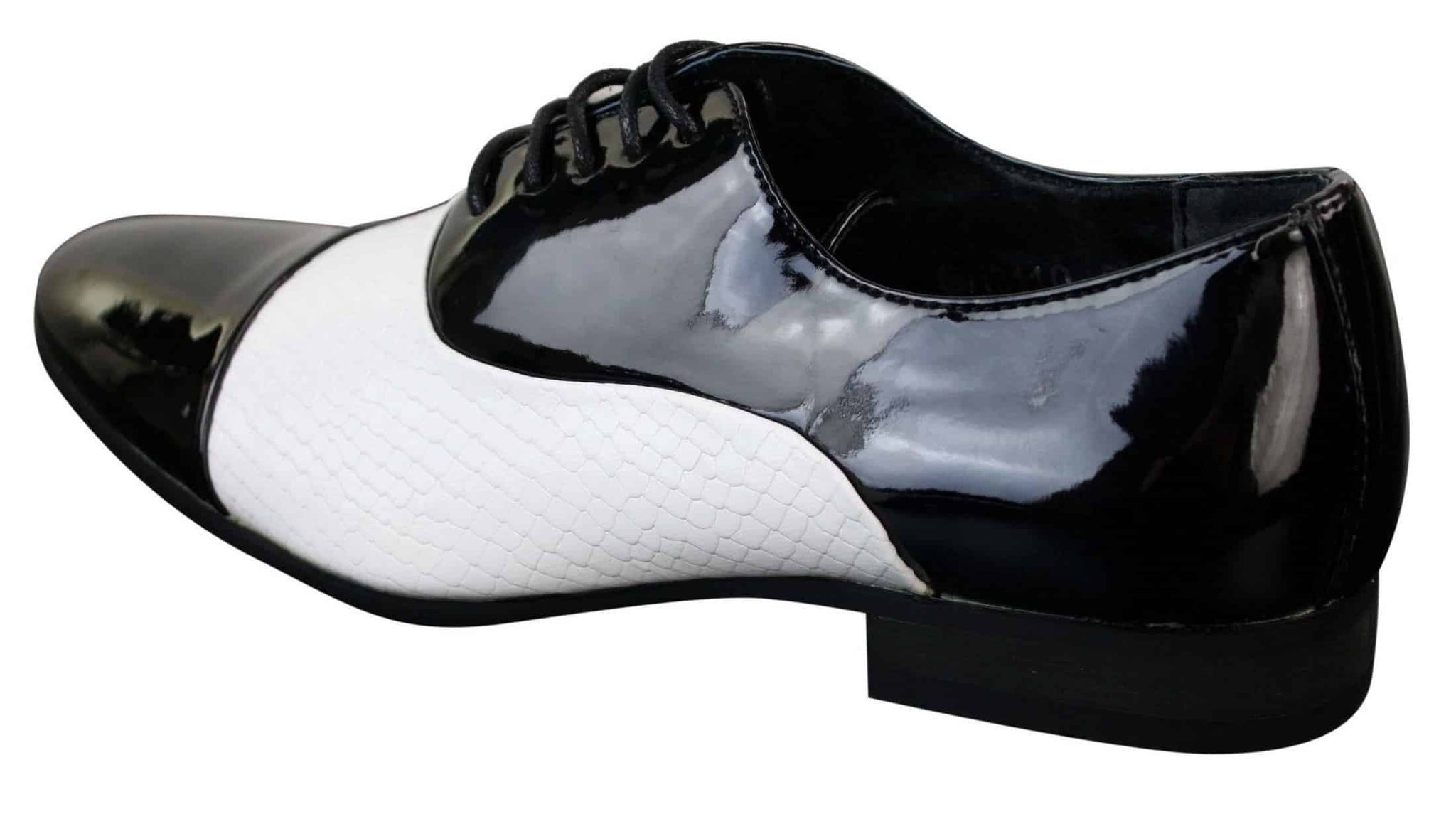 Vīriešu šņorētas, elegantas, spīdīgas, lakotas, itāļu dizaina ādas kurpes, melnas un baltas