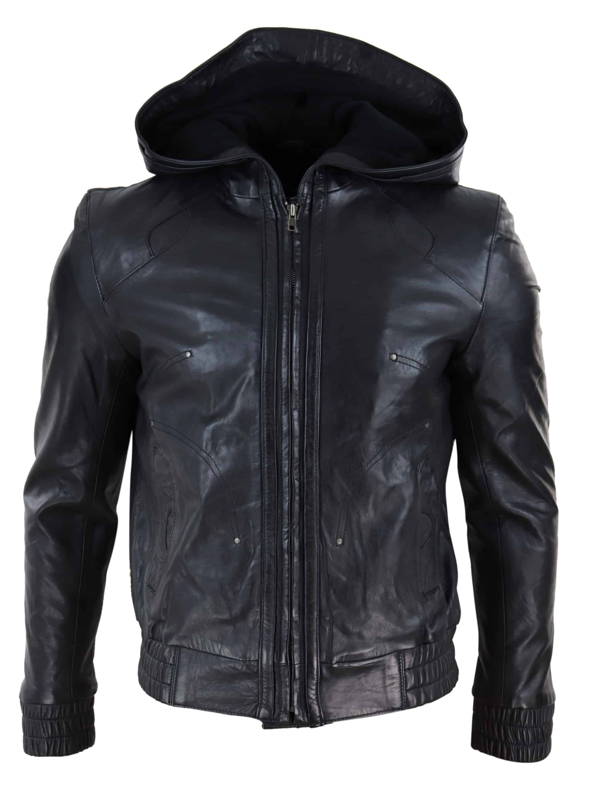 Vīriešu melna ādas bomberjaka ar kapuci