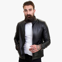 Happy Gentleman B102 - īstas ādas, pieguļoša vīriešu melna baikeru jaka