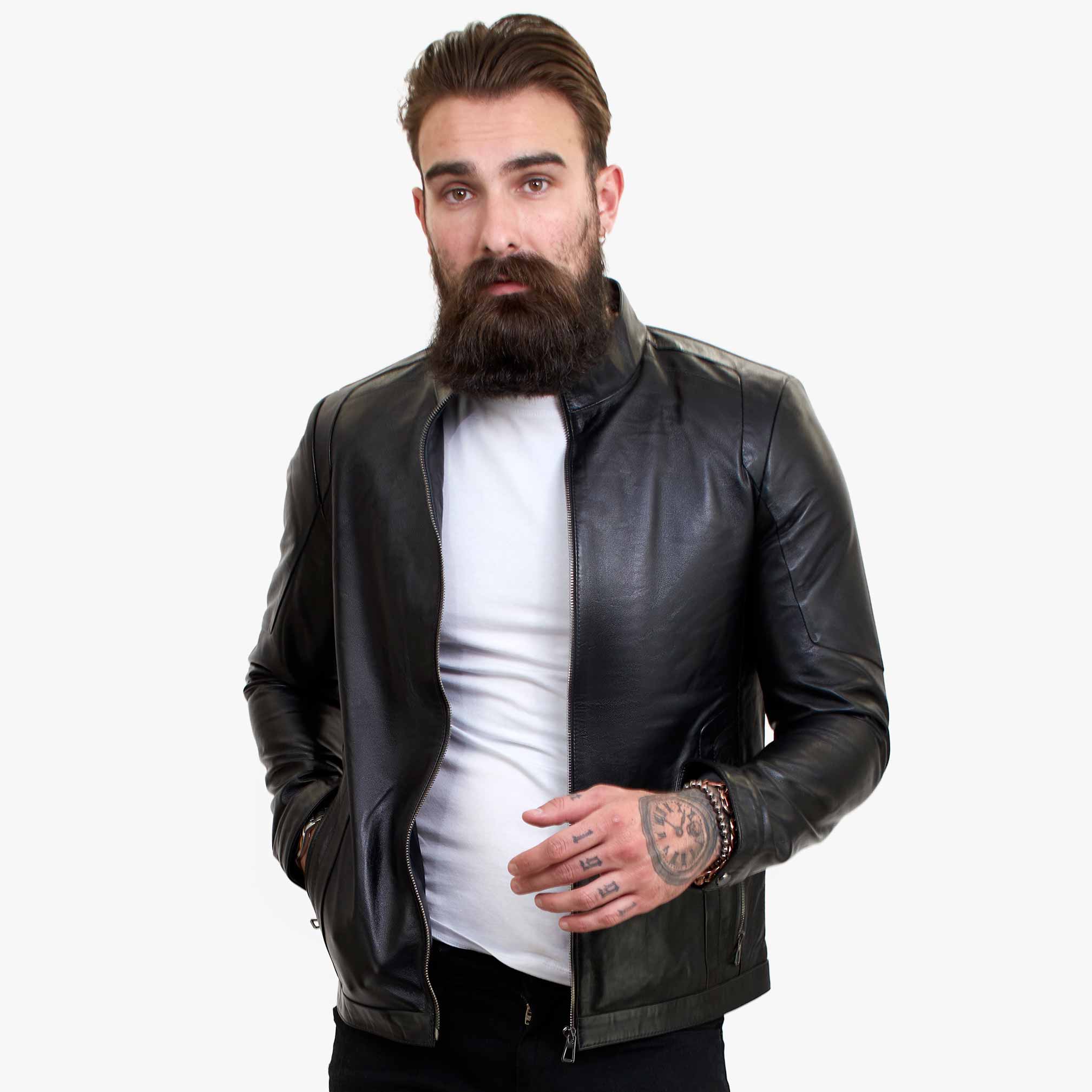 Happy Gentleman B102 - īstas ādas, pieguļoša vīriešu melna baikeru jaka