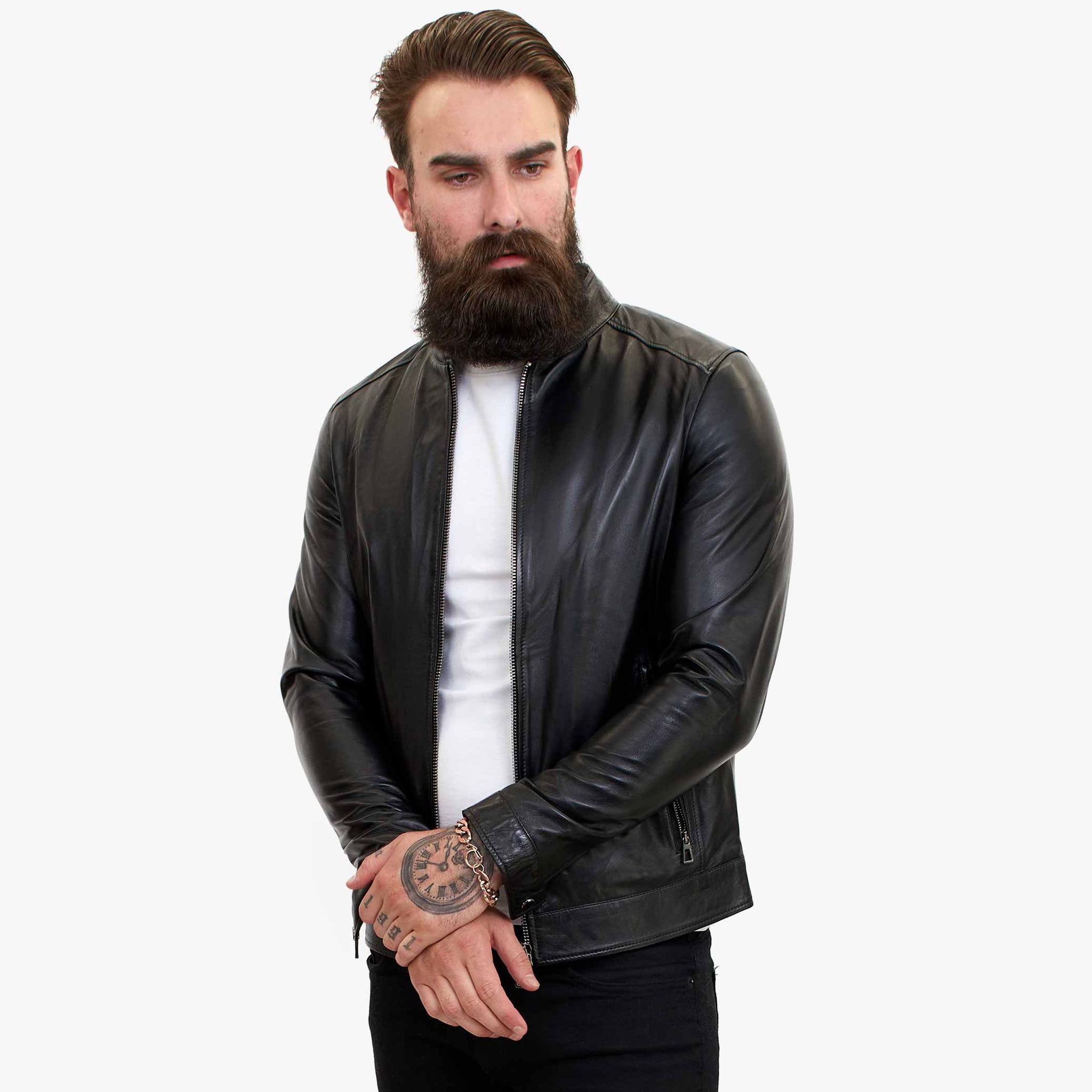 Happy Gentleman B107 - vīriešu jēra ādas jaka, tīra stila, melna - pieguļoša piegriezuma