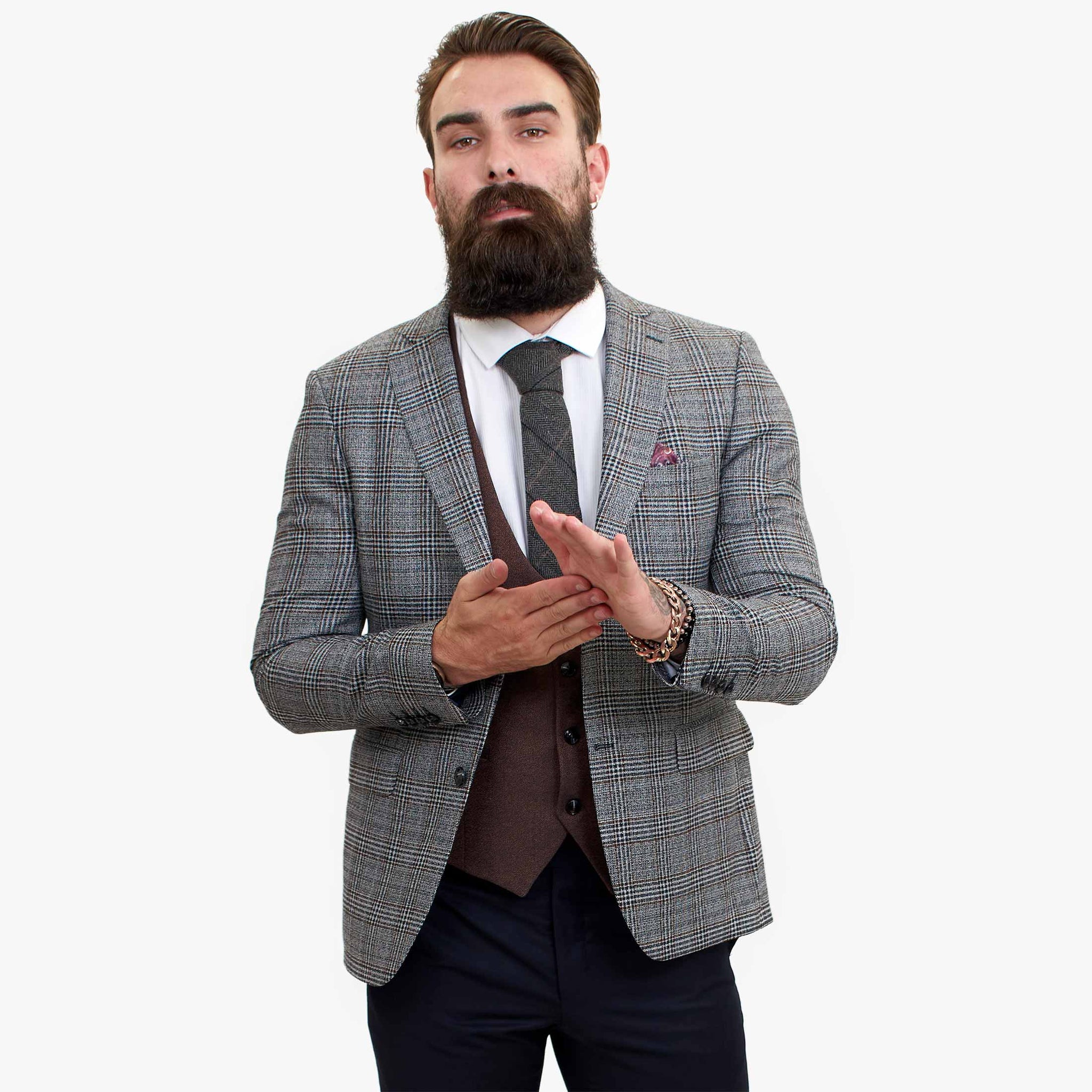 Happy Gentleman ELEGANTE vilnas trīsdaļīgs uzvalks ar kontrastējošu brūnu vesti