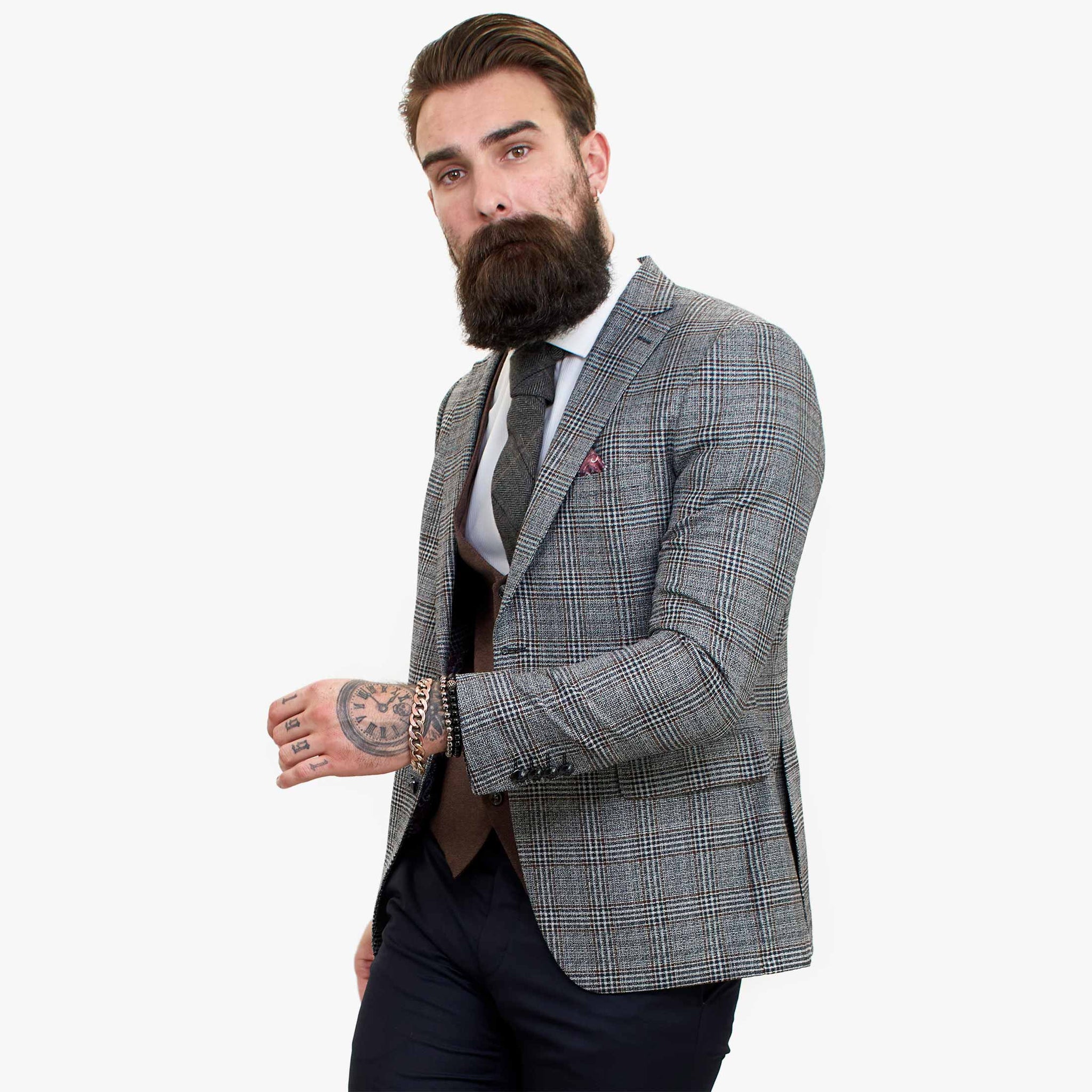 Happy Gentleman ELEGANTE vilnas trīsdaļīgs uzvalks ar kontrastējošu brūnu vesti