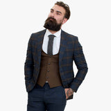 Happy Gentleman GRAZIE tumši zils vilnas trīsdaļīgs uzvalks ar kontrastējošu brūnu vesti