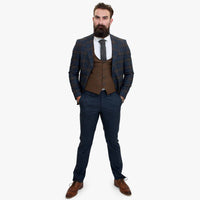 Happy Gentleman GRAZIE tumši zils vilnas trīsdaļīgs uzvalks ar kontrastējošu brūnu vesti