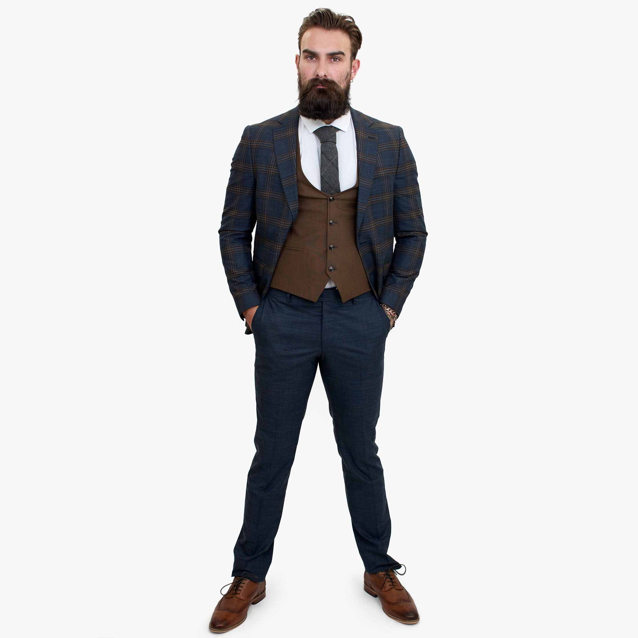 Happy Gentleman GRAZIE tumši zils vilnas trīsdaļīgs uzvalks ar kontrastējošu brūnu vesti