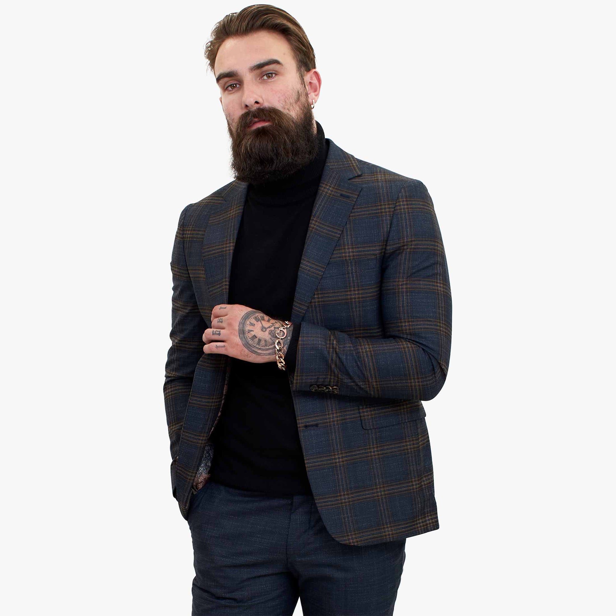 Happy Gentleman GRAZIE tumši zils vilnas trīsdaļīgs uzvalks ar kontrastējošu brūnu vesti