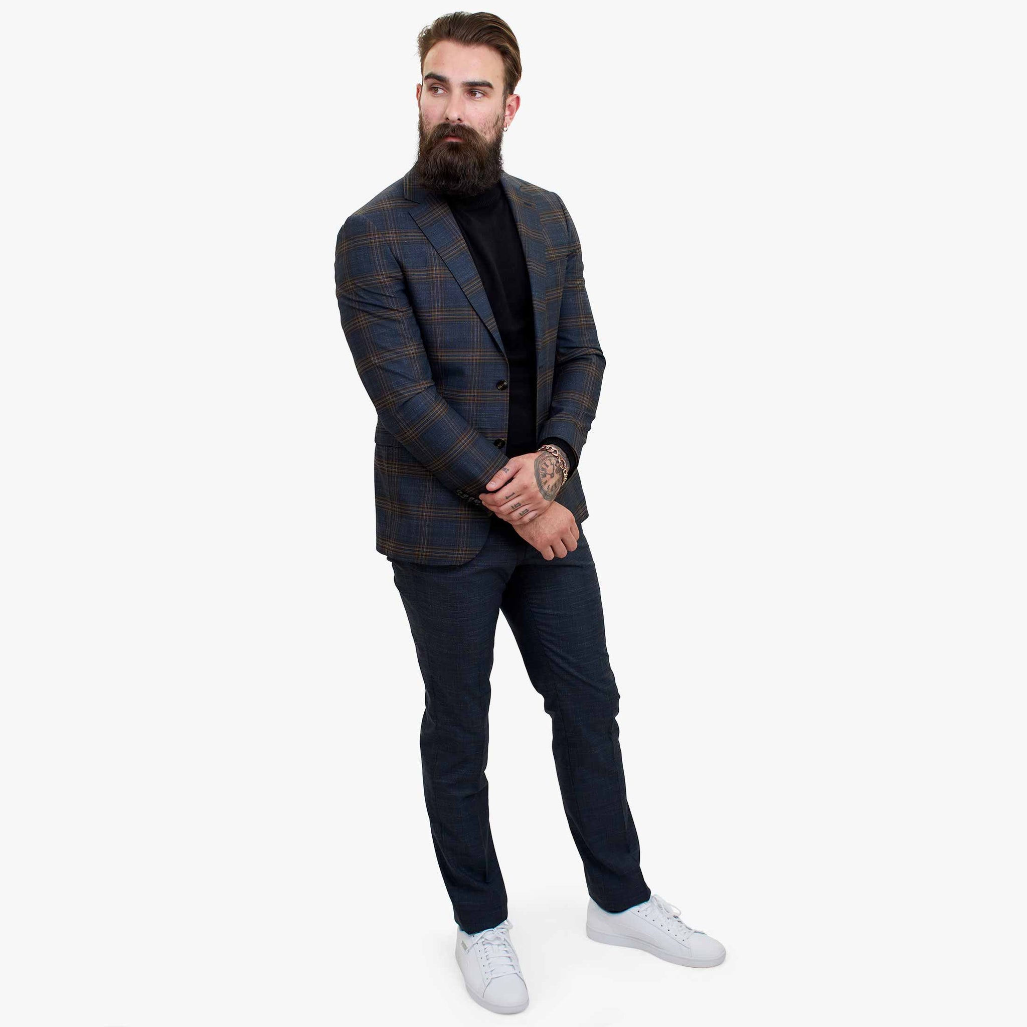 Happy Gentleman GRAZIE tumši zils vilnas trīsdaļīgs uzvalks ar kontrastējošu brūnu vesti