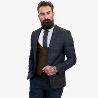 Happy Gentleman GRAZIE tumši zils vilnas trīsdaļīgs uzvalks ar kontrastējošu brūnu vesti