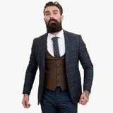 Happy Gentleman GRAZIE tumši zils vilnas trīsdaļīgs uzvalks ar kontrastējošu brūnu vesti