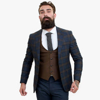 Happy Gentleman GRAZIE tumši zils vilnas trīsdaļīgs uzvalks ar kontrastējošu brūnu vesti