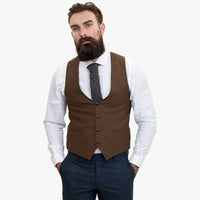 Happy Gentleman GRAZIE tumši zils vilnas trīsdaļīgs uzvalks ar kontrastējošu brūnu vesti