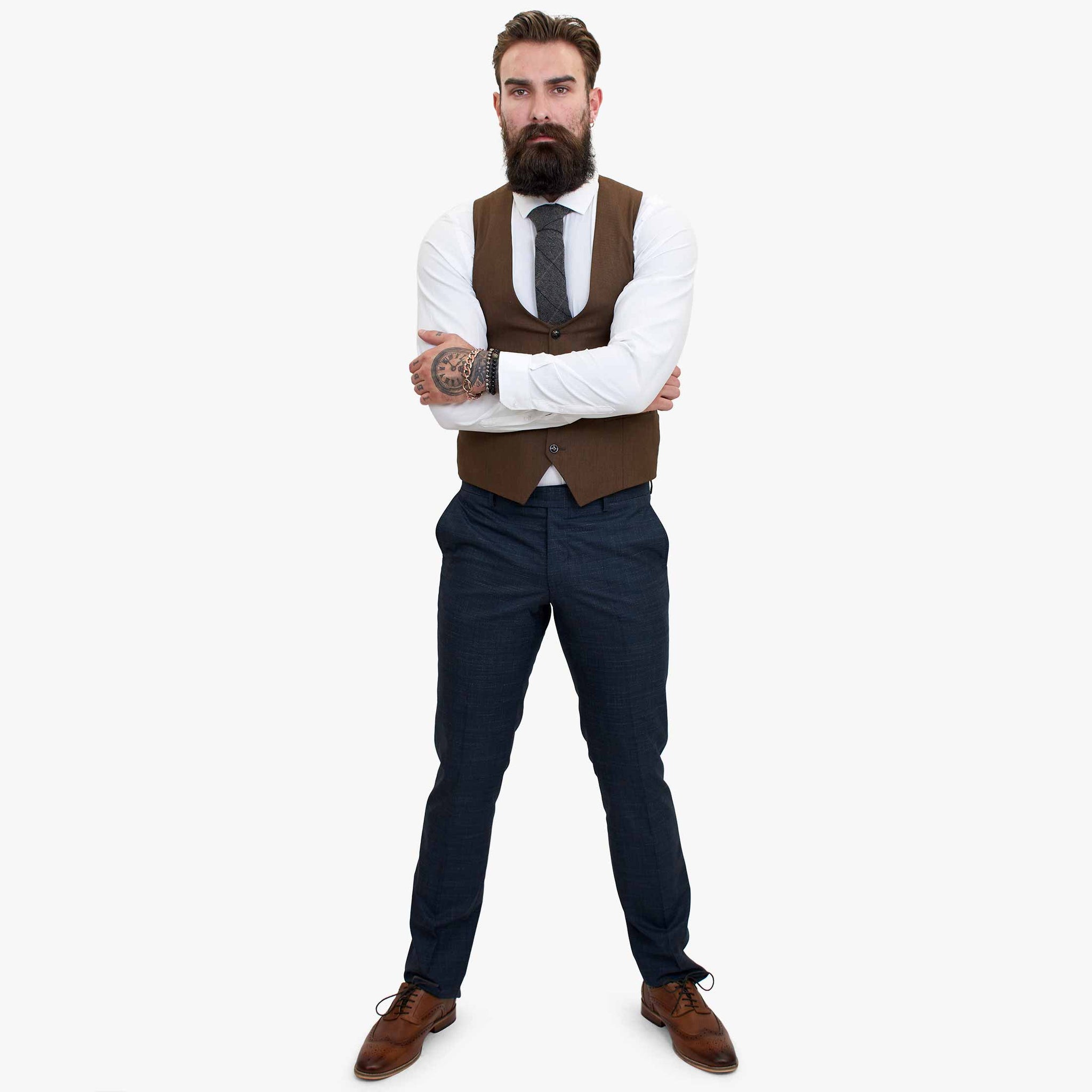 Happy Gentleman GRAZIE tumši zils vilnas trīsdaļīgs uzvalks ar kontrastējošu brūnu vesti