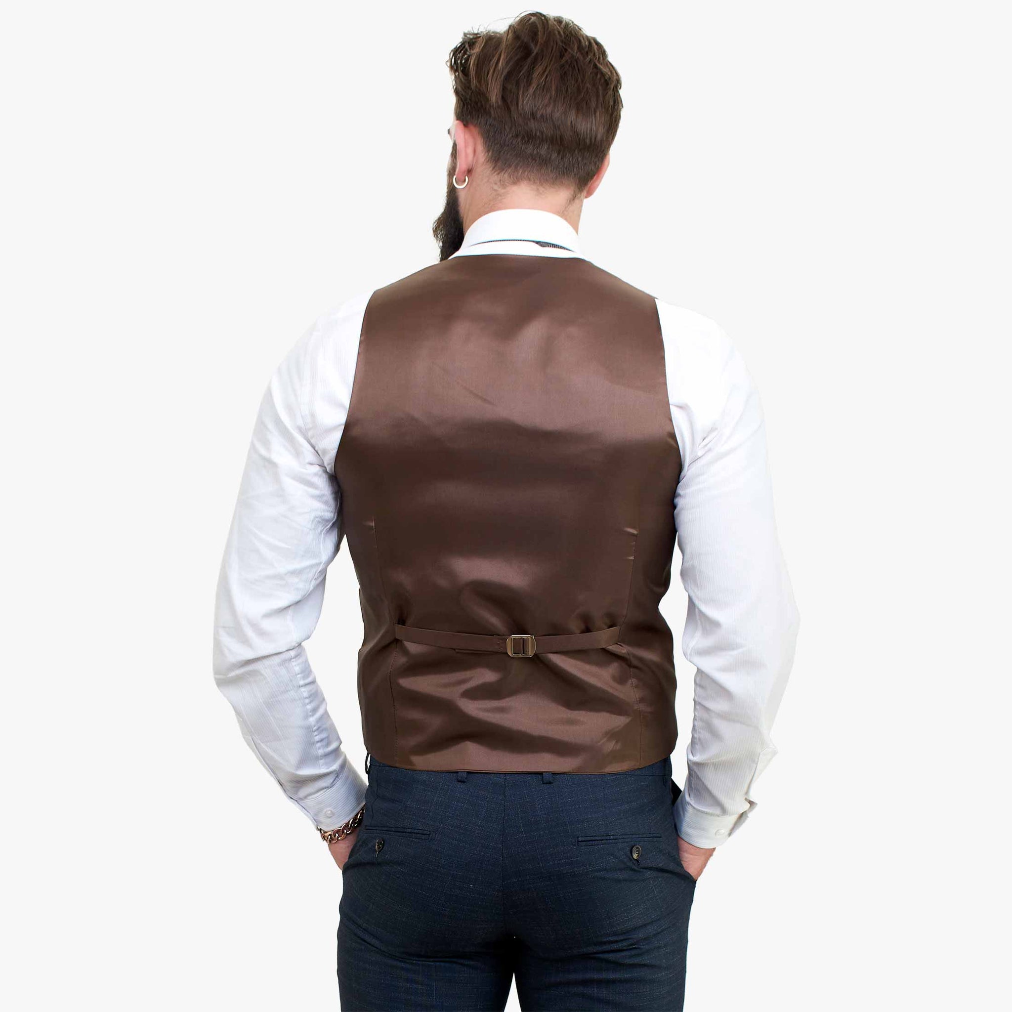 Happy Gentleman GRAZIE tumši zils vilnas trīsdaļīgs uzvalks ar kontrastējošu brūnu vesti