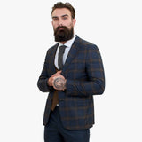 Happy Gentleman GRAZIE tumši zils vilnas trīsdaļīgs uzvalks ar kontrastējošu brūnu vesti