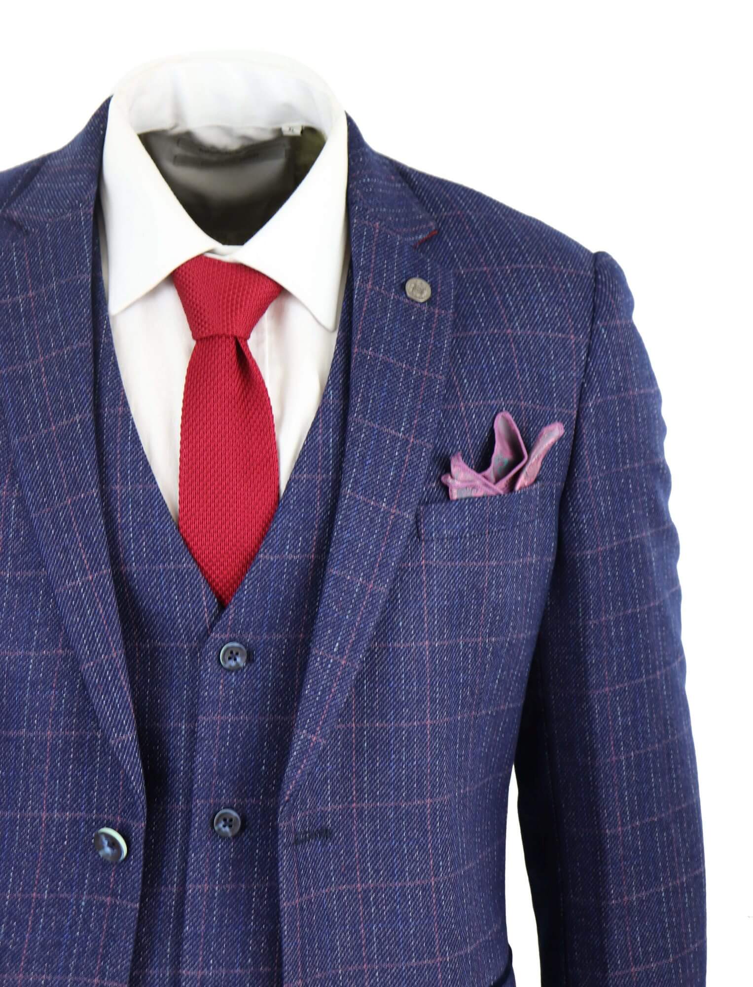 Vīriešu zili violets rūtainais trīsdaļīgais uzvalks