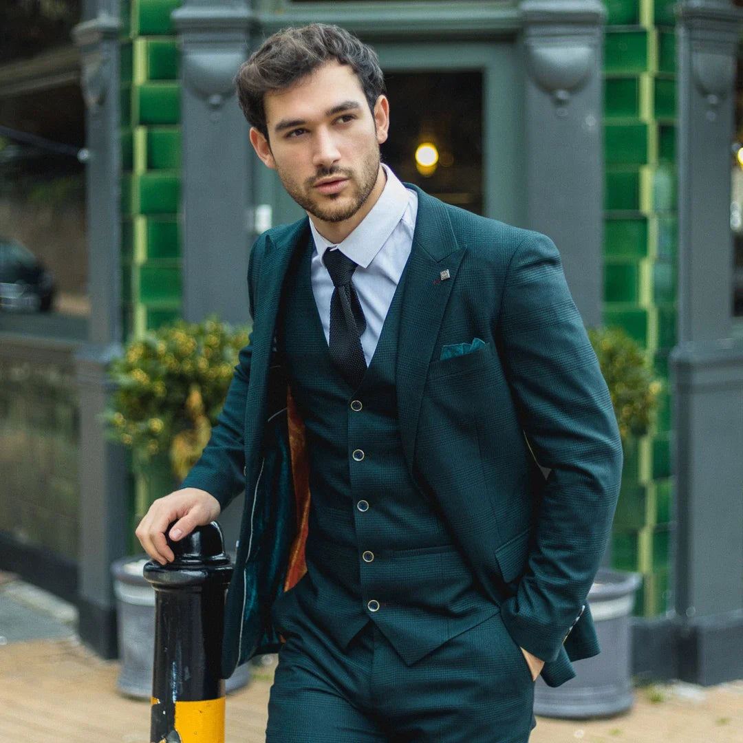 Jasper vīriešu olīvzaļš trīsdaļīgs uzvalks ar Velsas prinča melnu rūtiņu