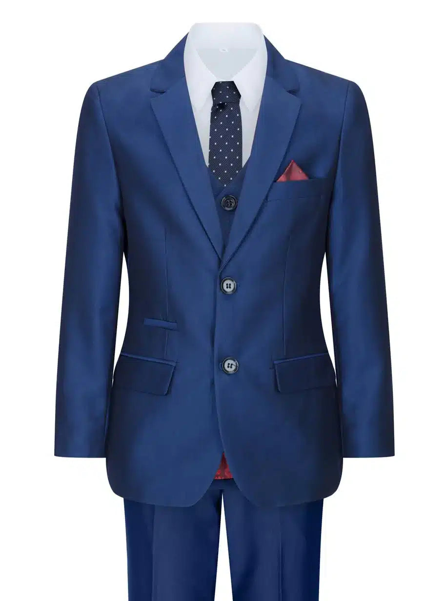 Zēnu trīsdaļīgs spīdīgi zils kāzu ballītes uzvalks, pieguļošs, elegants, formāls