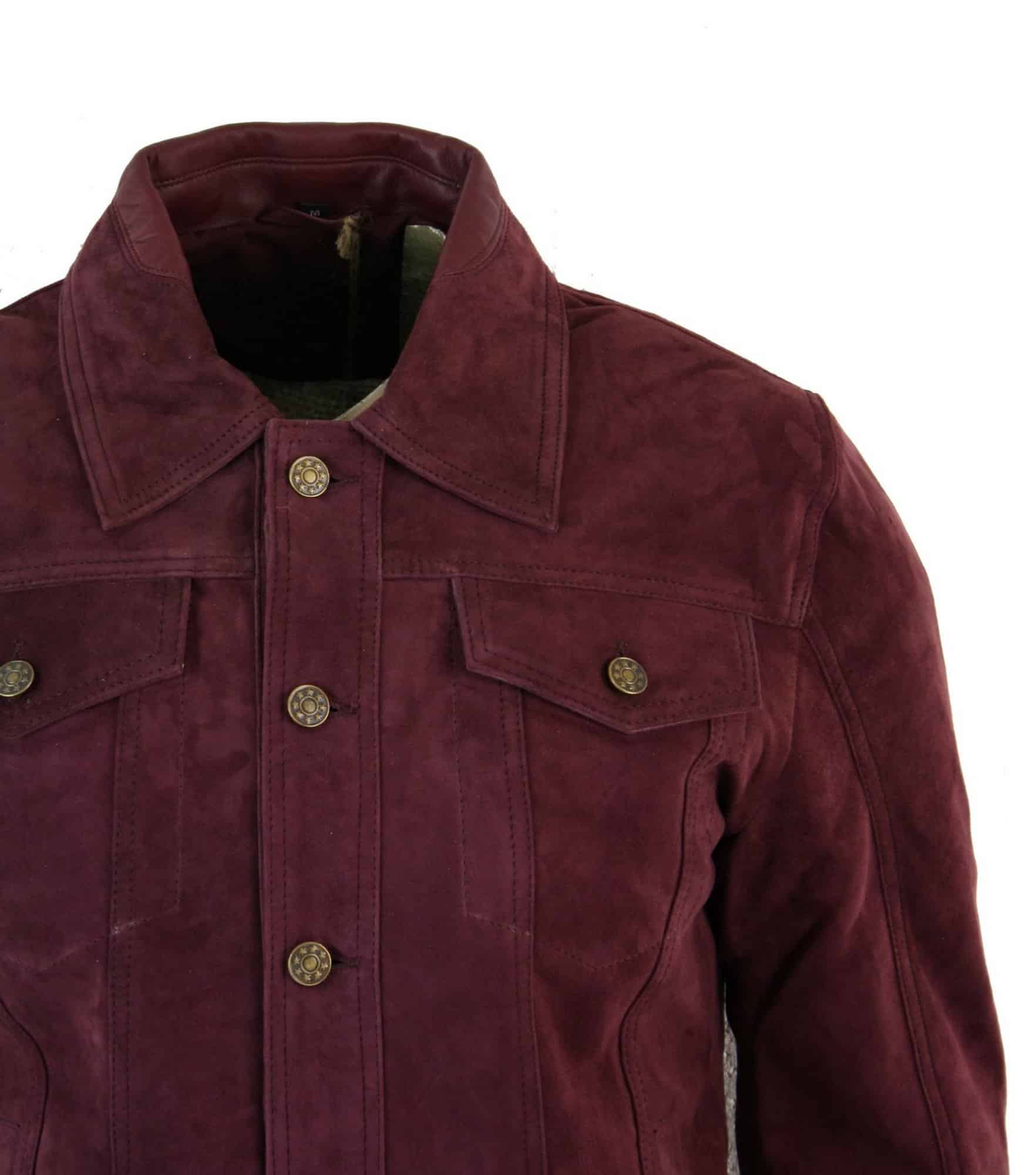 Īstas zamšādas vīriešu vintage īsa džinsa stila retro džinsa jaka ikdienas - bordo krāsā