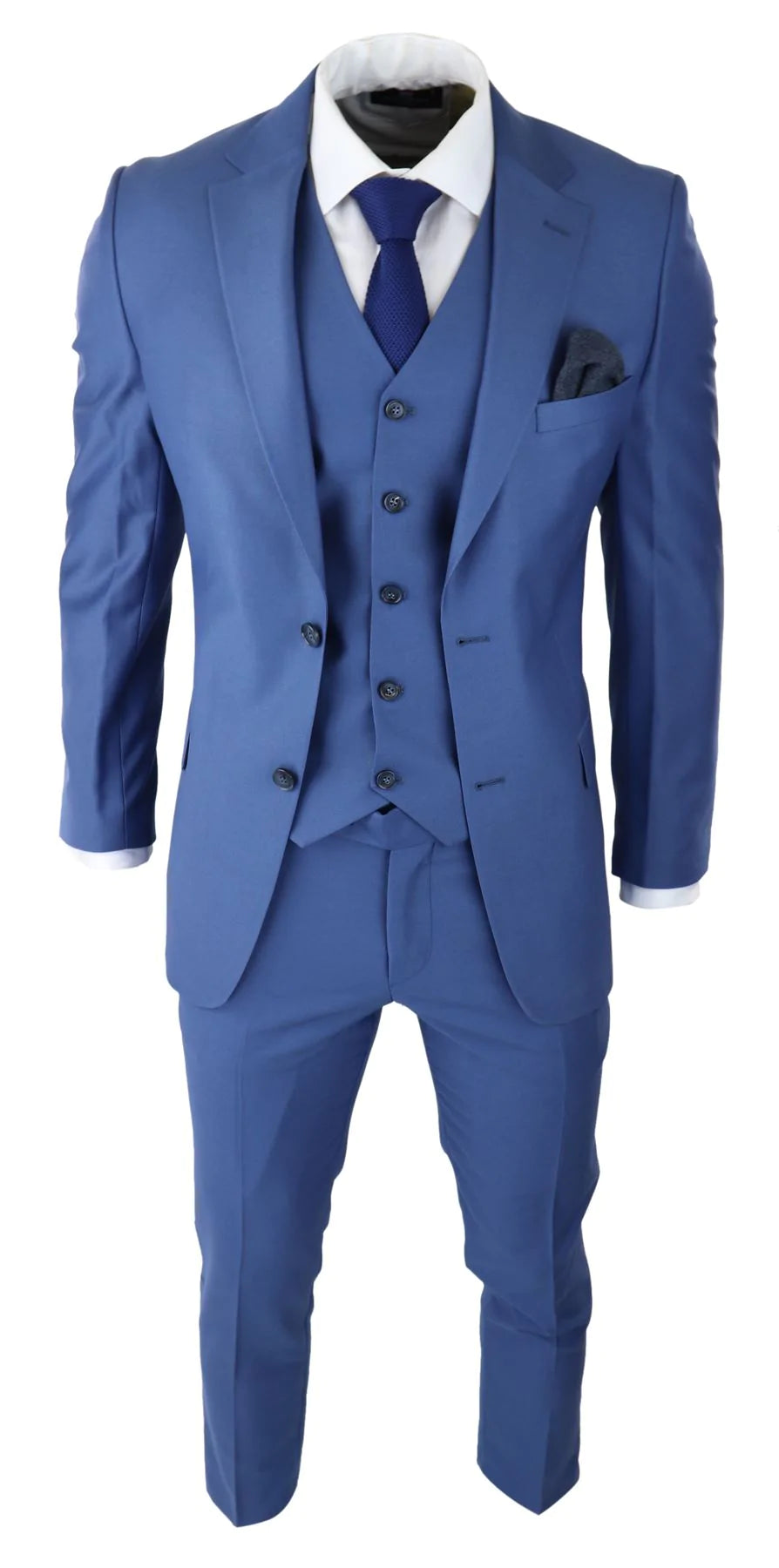 Vīriešu klasisks gaiši zils trīsdaļīgs uzvalks, pieguļošs, vintage, retro, elegants, formāls, kāzu tērps