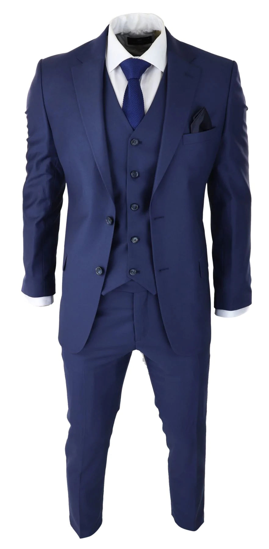 Vīriešu klasisks tumši zils trīsdaļīgs uzvalks, pieguļošs, vintage, retro, elegants, formāls, kāzu tērps