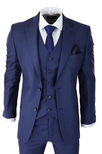 Vīriešu klasisks tumši zils trīsdaļīgs uzvalks, pieguļošs, vintage, retro, elegants, formāls, kāzu tērps