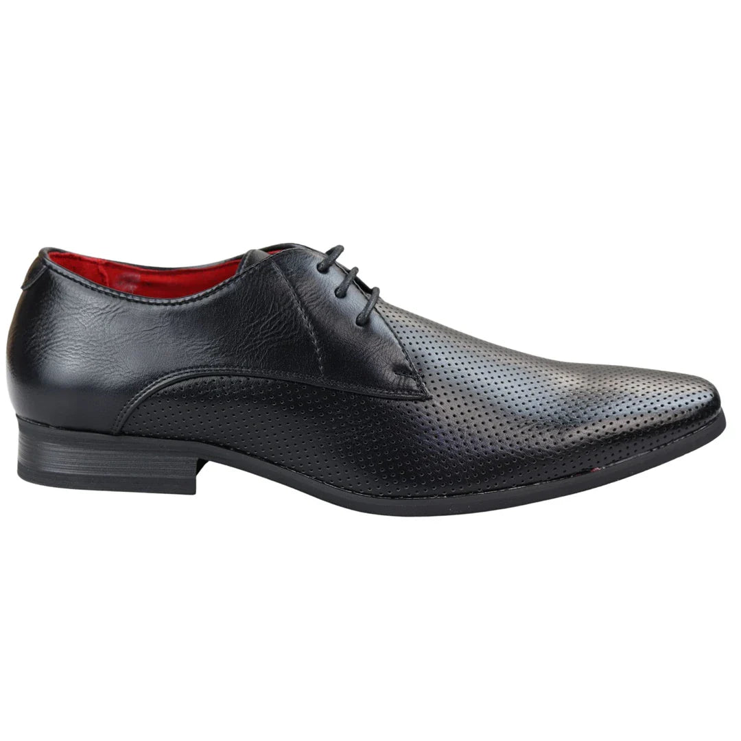 Vīriešu apavi ar elegantu, formālu apaviem, perforētu, smailu apdari, mežģīnēm, melnas ādas, PU audums