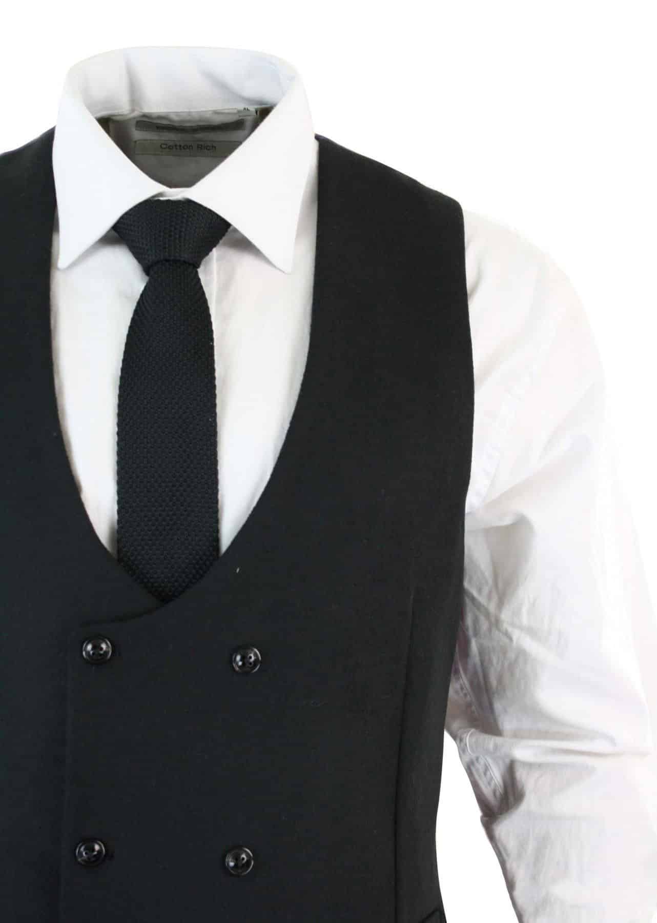 Vīriešu divrindu filca tvīda veste, pieguļoša piegriezuma, melna ar siļķes kaula rakstu, DBC